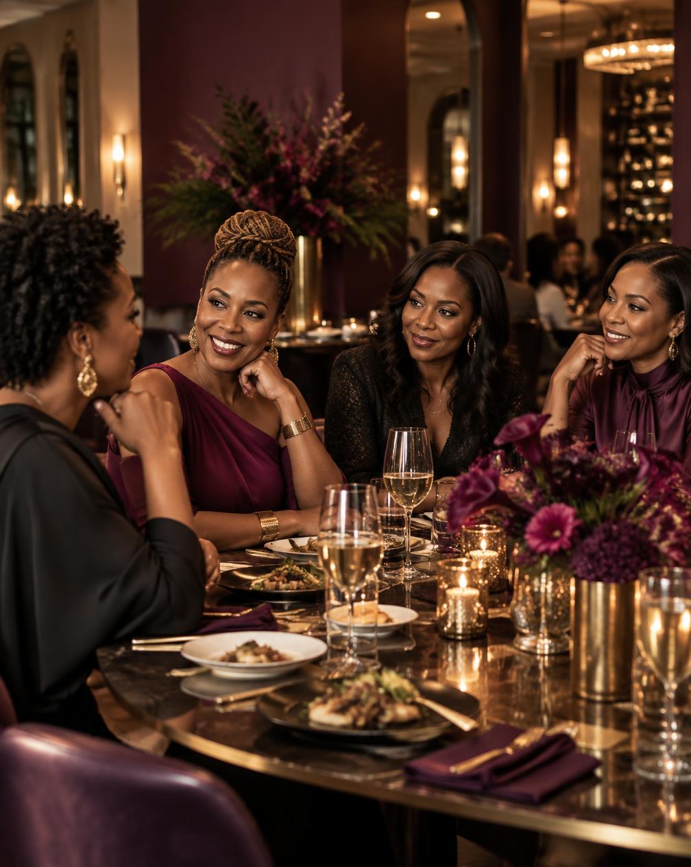 Women sharing a candlelit dinner around a long table